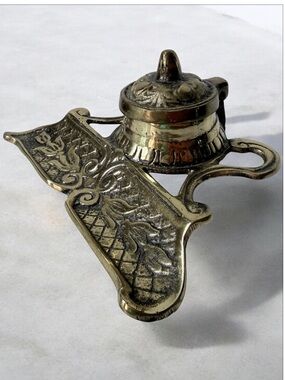 Brass Ink Well and Pen Rest - Antique-Style Brass Finish